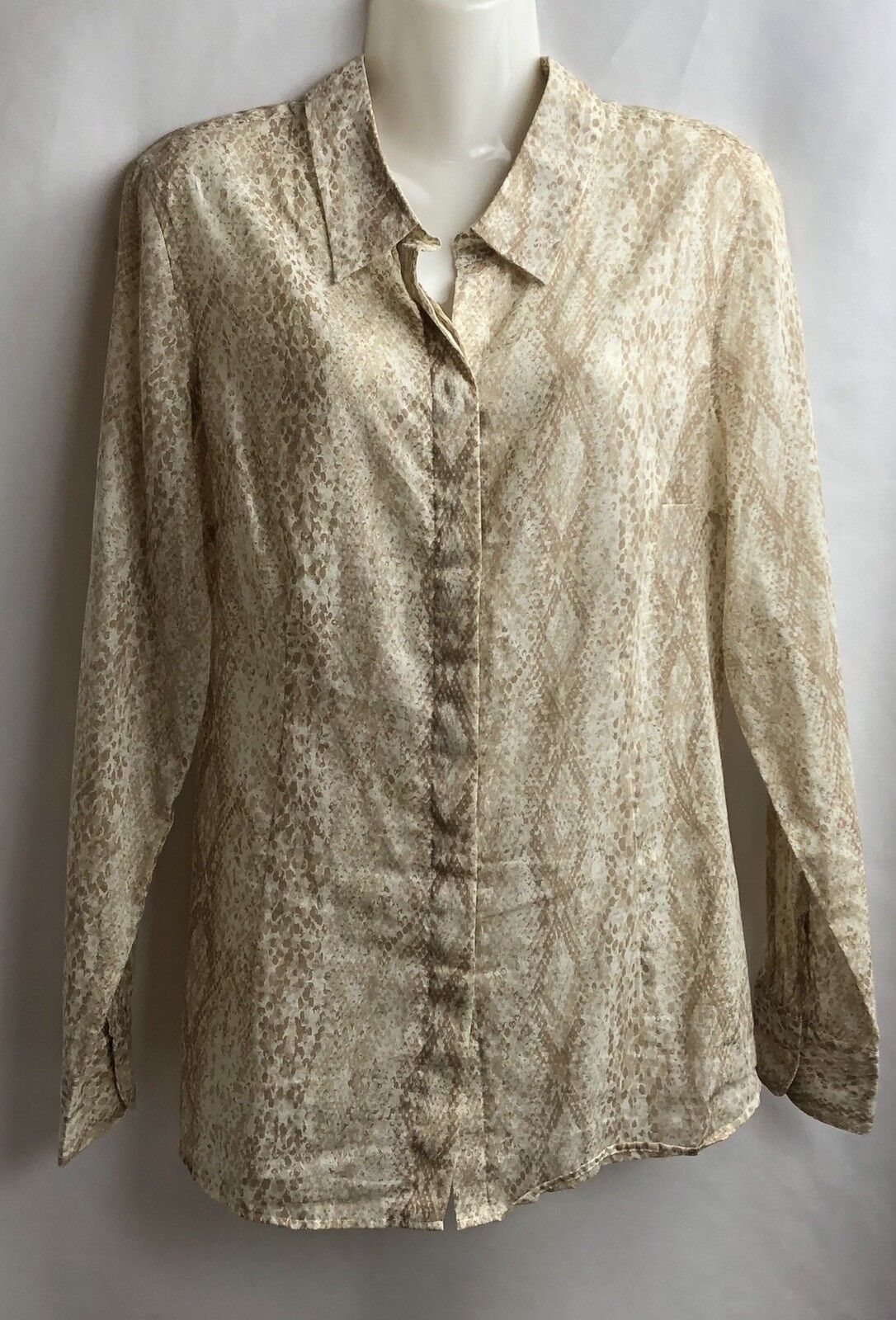 Coldwater Creek Button Blouse Women Large 14 Beige Snake Print Top No Iron Sheer